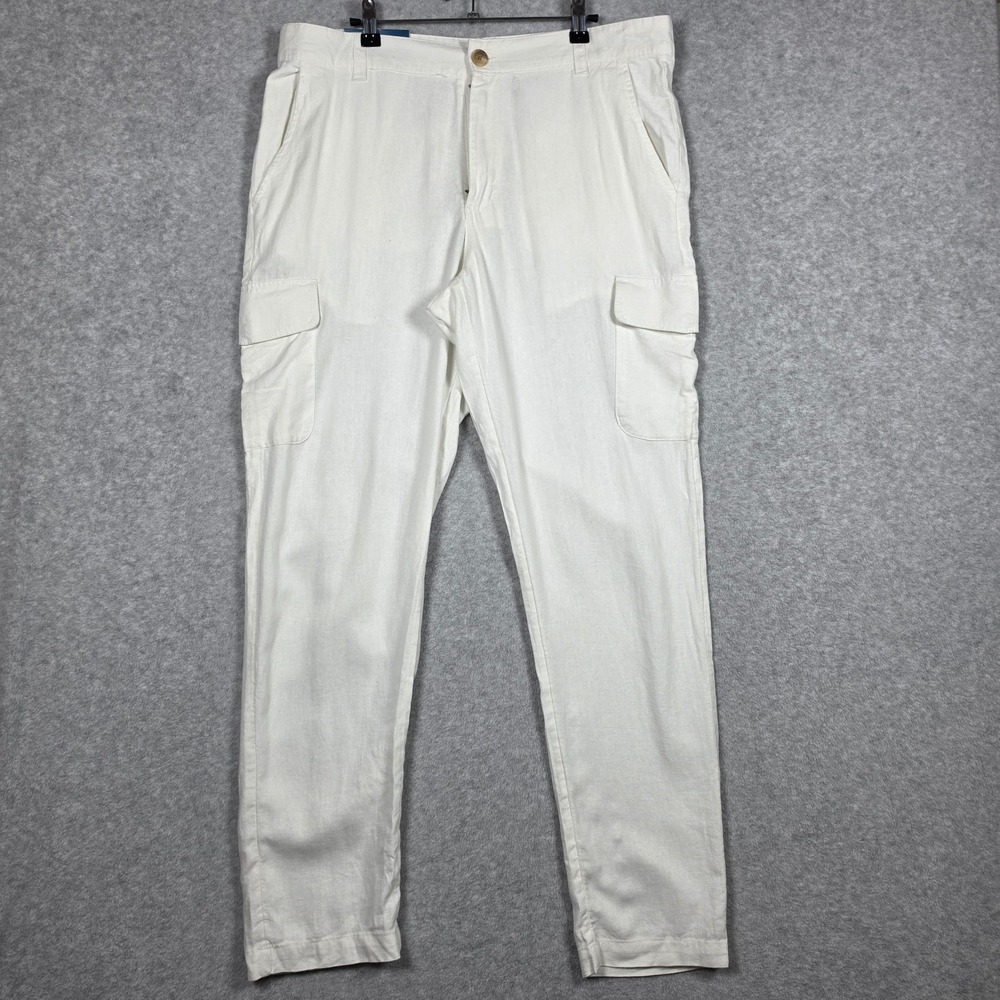 Caribbean Joe Pants Mens Size 34x32 Ivory Cargo Slim Fit Linen Blend Beach NEW